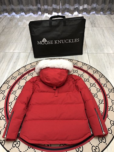Moose Knuckles Red Hooded Quilted Puffer Jacket with White Plush Trim