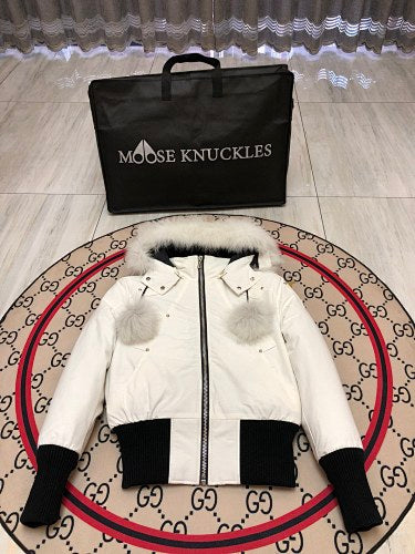 Moose Knuckles White Cropped Hooded Bomber Jacket with Pom-Poms