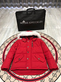 Moose Knuckles Red Hooded Quilted Puffer Jacket with White Plush Trim
