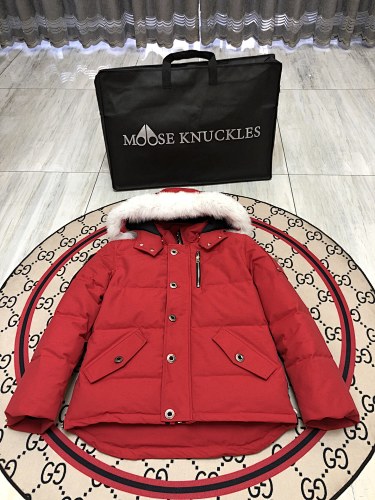 Moose Knuckles Red Hooded Quilted Puffer Jacket with White Plush Trim