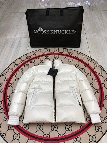 Moose Knuckles White Stand-Collar Puffer Jacket