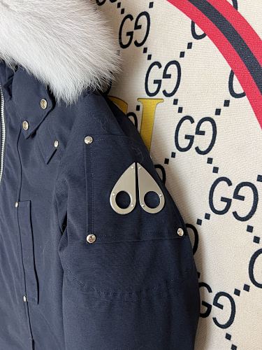 Moose Knuckles Navy Blue Hooded Bomber Jacket with White Plush Trim