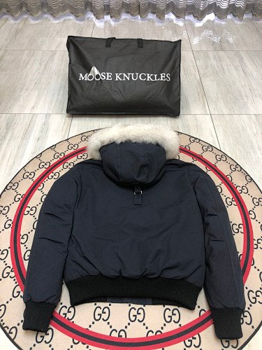 Moose Knuckles Navy Blue Hooded Bomber Jacket with White Plush Trim