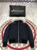 Moose Knuckles Navy Blue Hooded Bomber Jacket with White Plush Trim