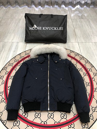 Moose Knuckles Navy Blue Hooded Bomber Jacket with White Plush Trim