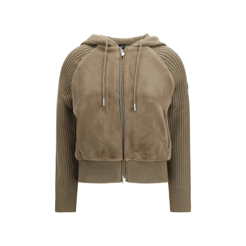 Moncler Khaki Brown Hooded Zip-Up Jacket with Ribbed Knit Sleeves