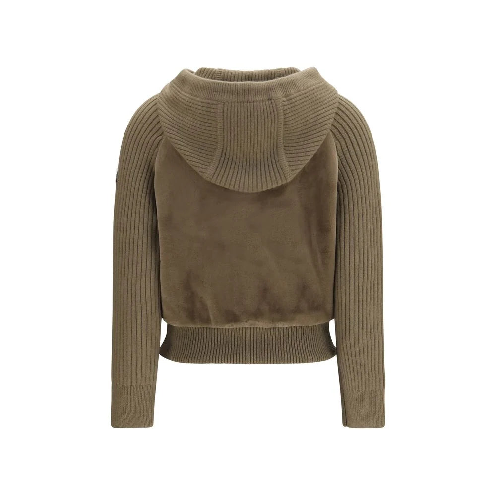 Moncler Khaki Brown Hooded Zip-Up Jacket with Ribbed Knit Sleeves