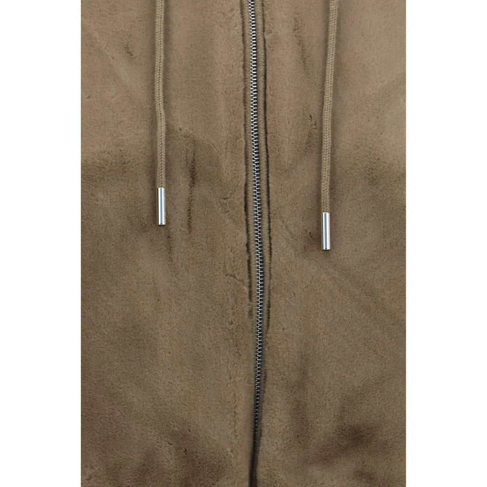 Moncler Khaki Brown Hooded Zip-Up Jacket with Ribbed Knit Sleeves
