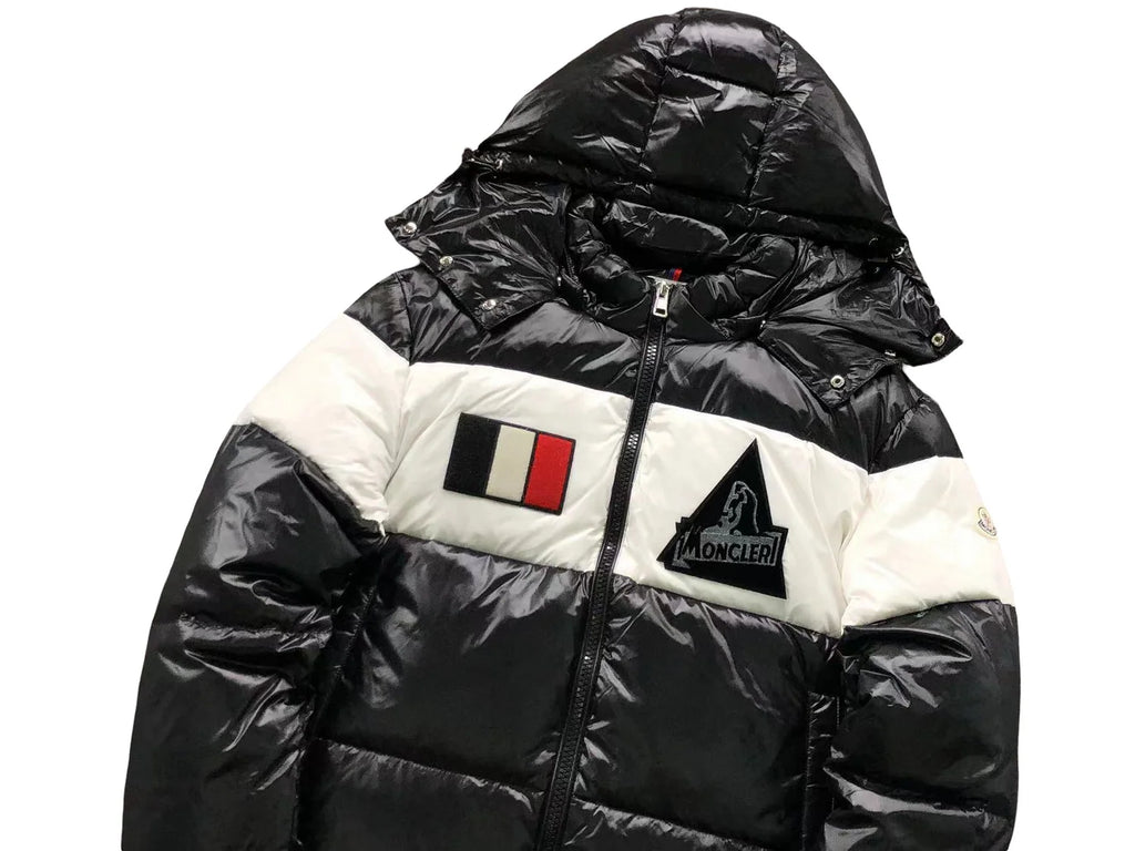 Moncler Black and White Glossy Color-Block Hooded Puffer Jacket