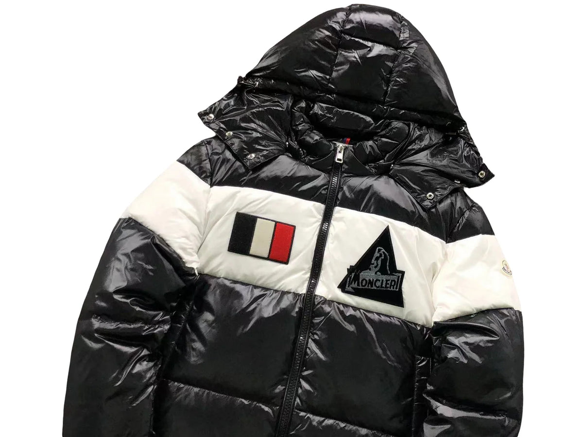 Moncler Black and White Glossy Color-Block Hooded Puffer Jacket