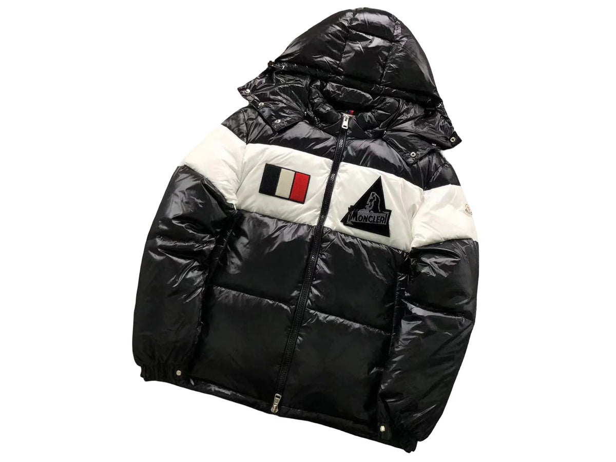 Moncler Black and White Glossy Color-Block Hooded Puffer Jacket
