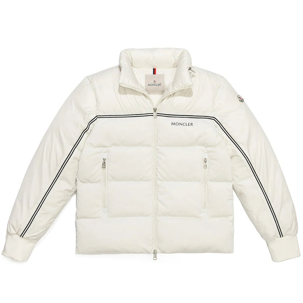 Moncler Ivory White Stand-Collar Puffer Jacket with Black Stripes