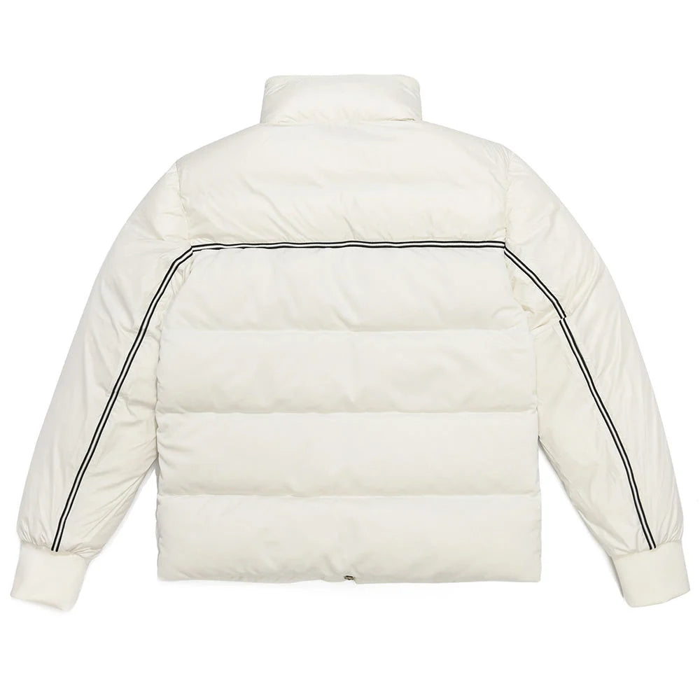 Moncler Ivory White Stand-Collar Puffer Jacket with Black Stripes
