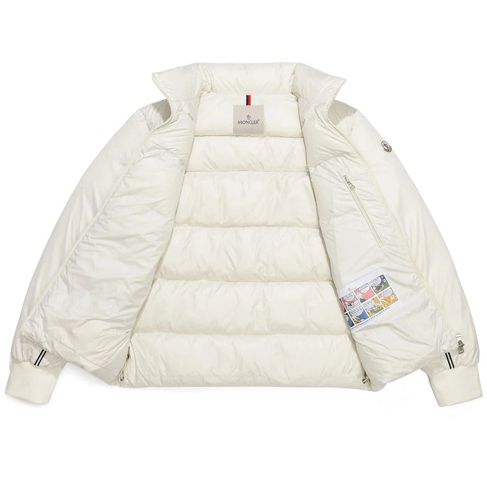Moncler Ivory White Stand-Collar Puffer Jacket with Black Stripes