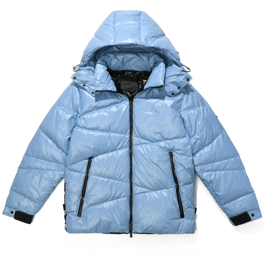 Moncler Light Blue and Black Glossy Hooded Puffer Jacket
