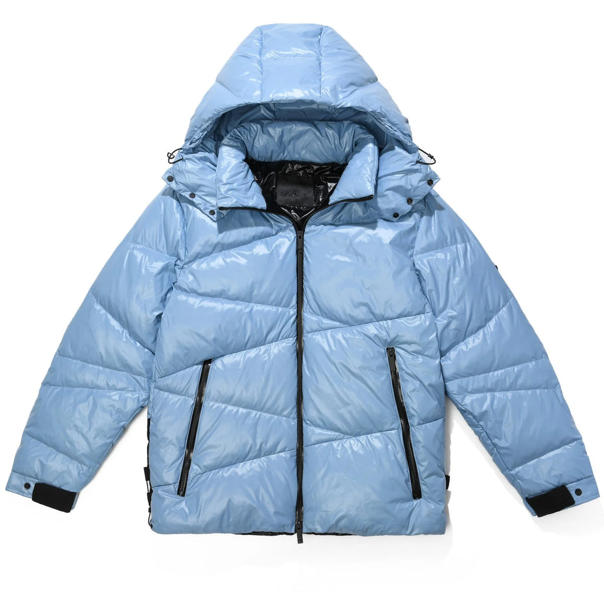 Moncler Light Blue and Black Glossy Hooded Puffer Jacket