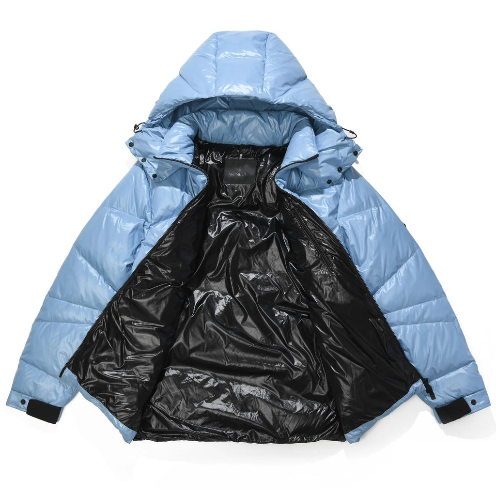 Moncler Light Blue and Black Glossy Hooded Puffer Jacket
