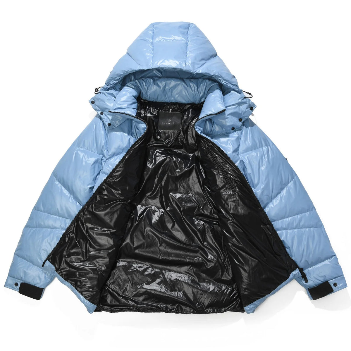 Moncler Light Blue and Black Glossy Hooded Puffer Jacket
