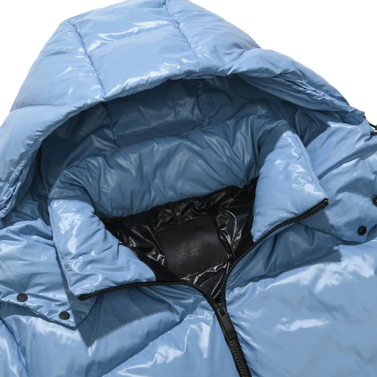 Moncler Light Blue and Black Glossy Hooded Puffer Jacket