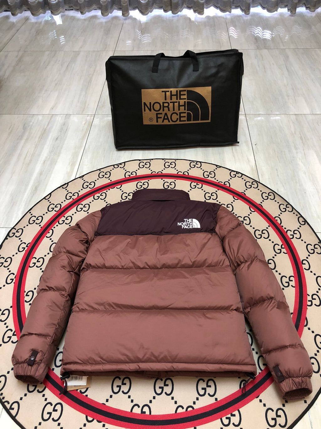 The North Face Dusty Rose and Burgundy Color-Block Puffer Jacket