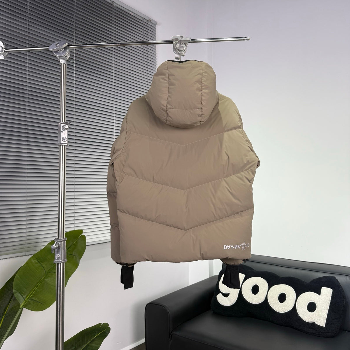 Moncler Beige Hooded Chevron-Quilted Puffer Jacket