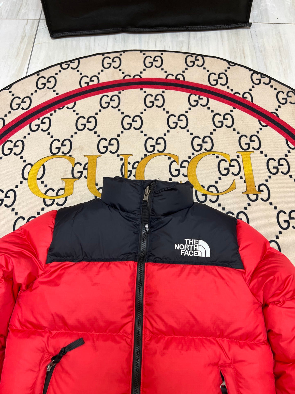 The North Face Red and Black Color-Block Puffer Jacket