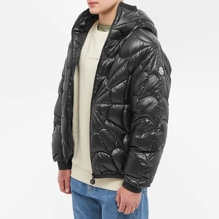 Moncler Black Glossy Geometric-Quilt Hooded Puffer Jacket