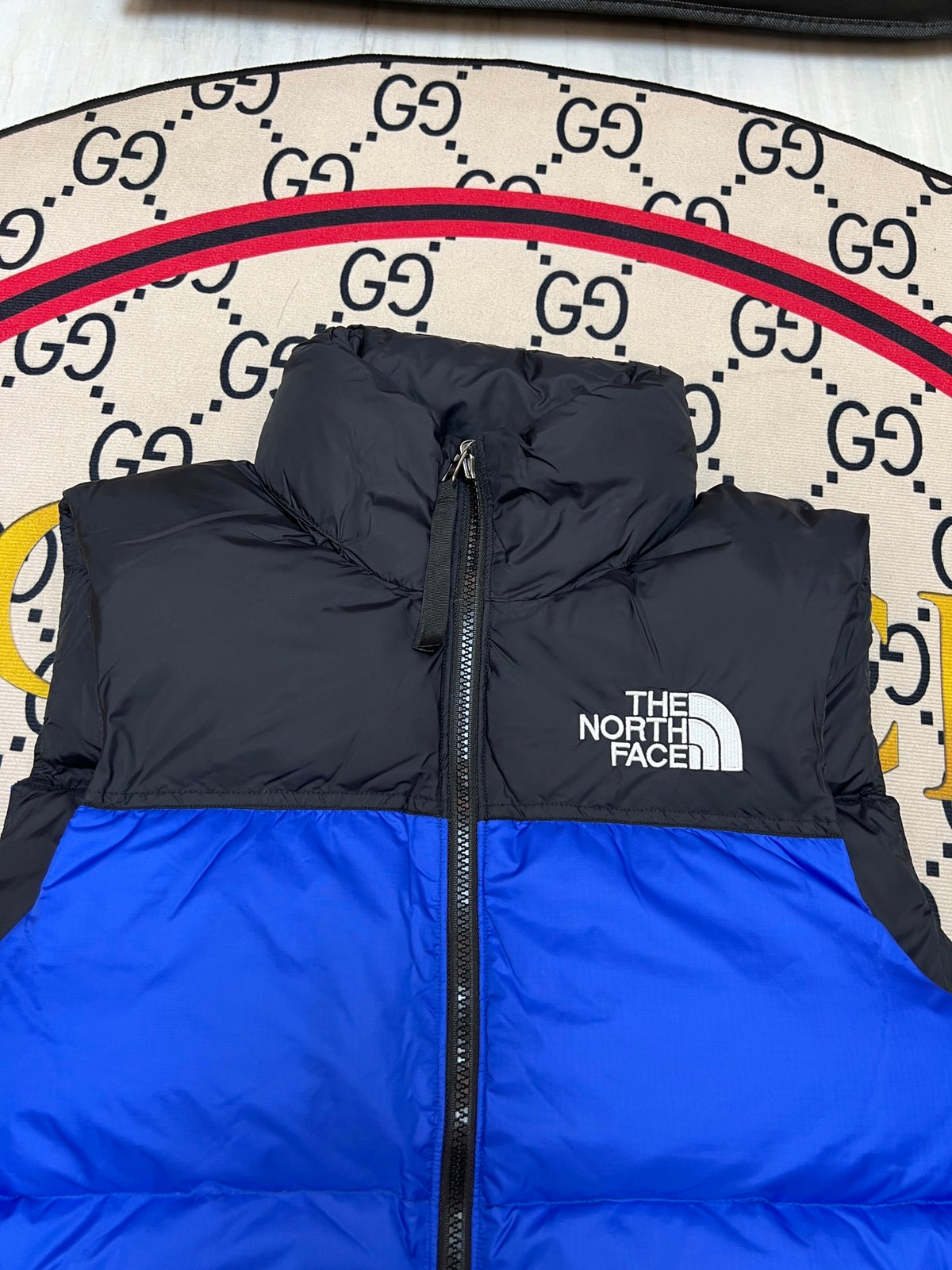 The North Face Royal Blue and Black Color-Block Puffer Vest