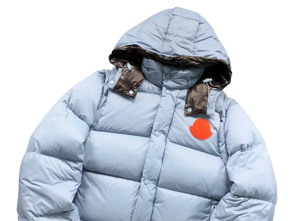 Moncler Light Blue Hooded Puffer Jacket with Orange Logo Patch