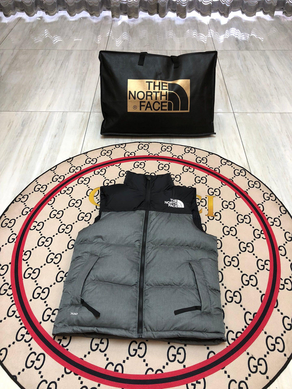 The North Face Gray and Black Color-Block Puffer Vest