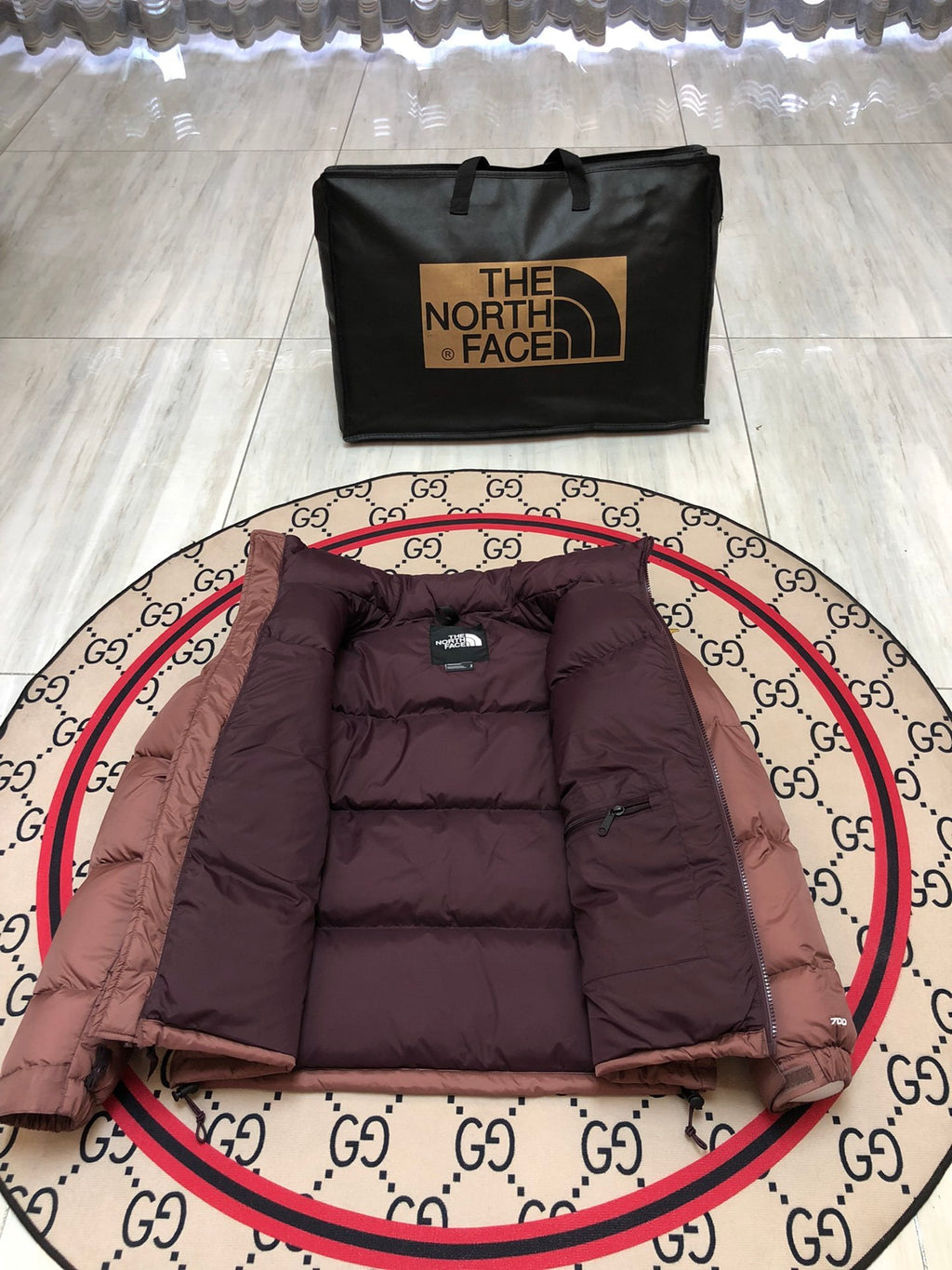 The North Face Dusty Rose and Burgundy Color-Block Puffer Jacket
