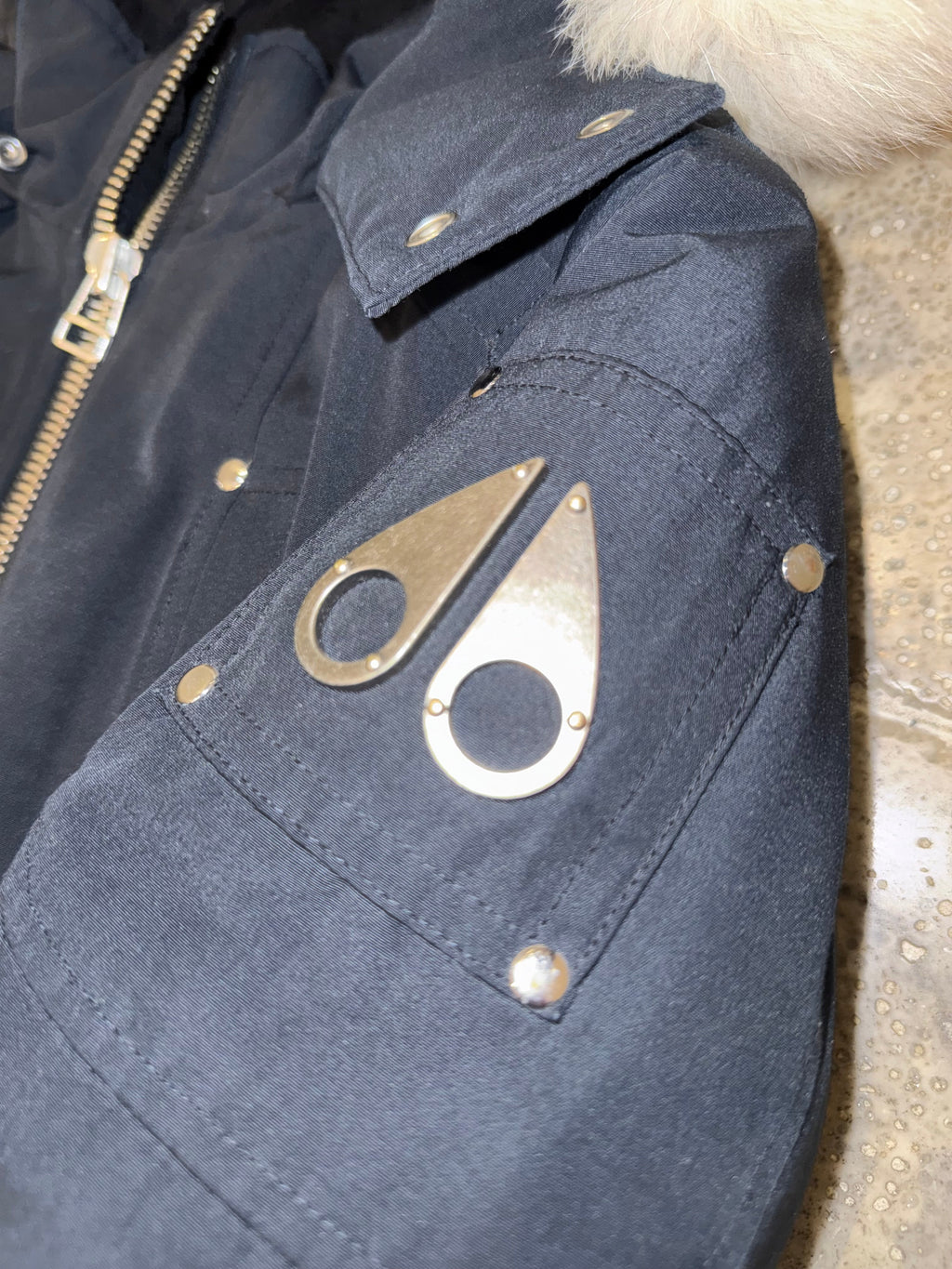 Moose Knuckles Navy Blue Hooded Bomber Jacket