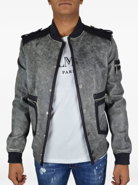 Philipp Plein logo button leather jacket