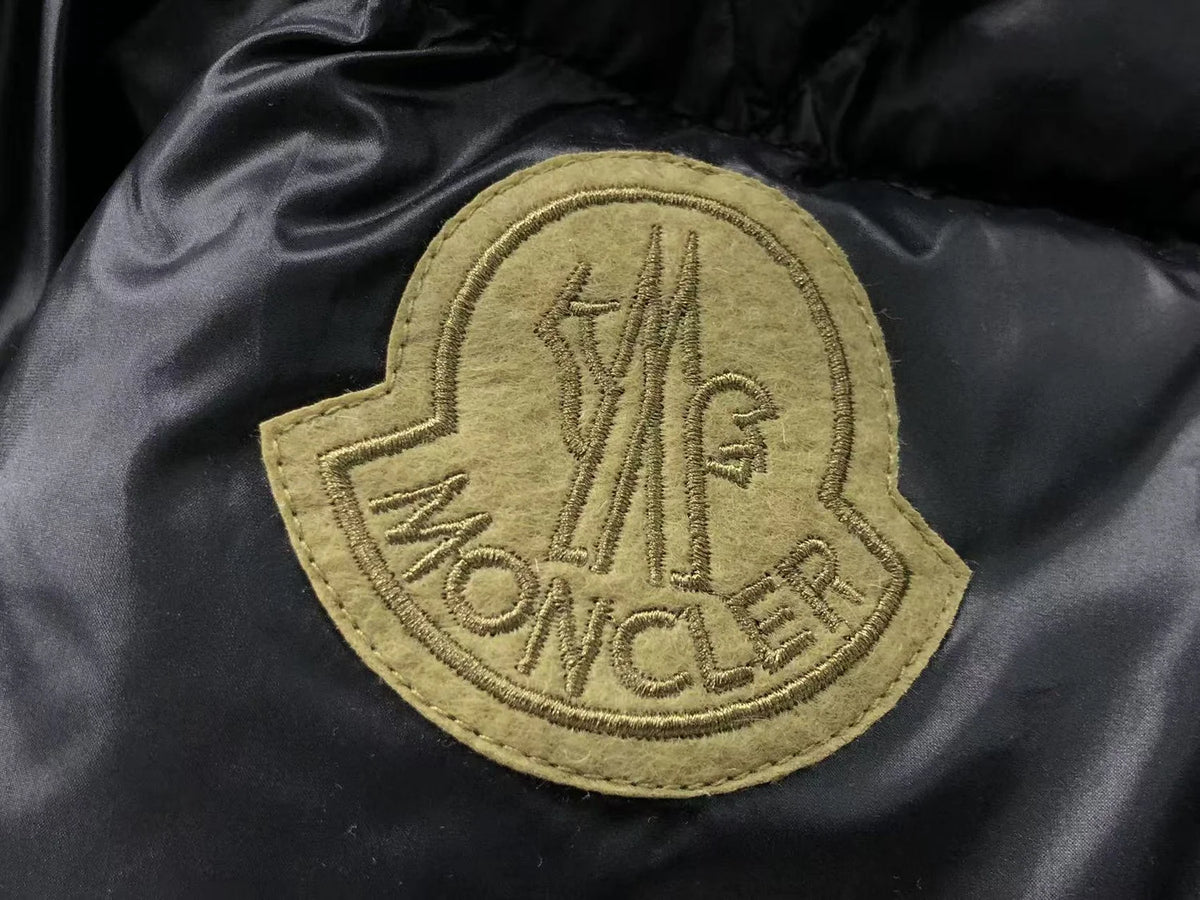 Moncler Black Glossy High-Collar Puffer Jacket with Olive Logo Patch