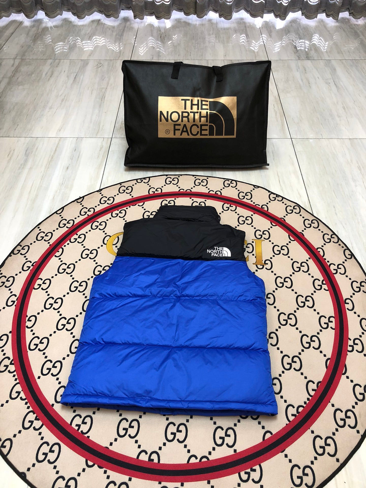 The North Face Royal Blue and Black Color-Block Puffer Vest