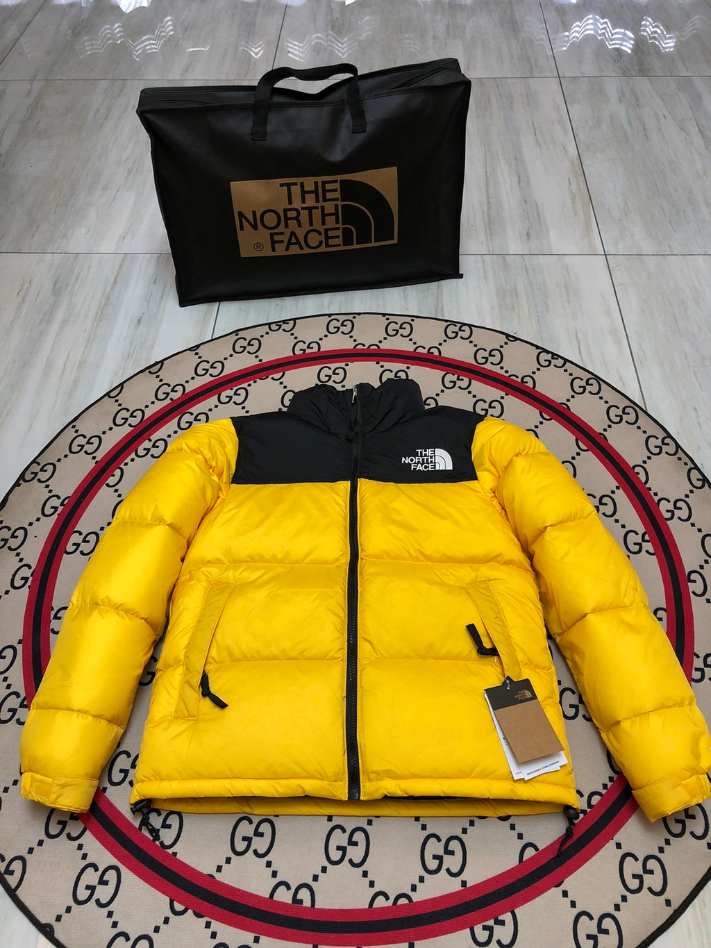 The North Face Yellow and Black Color-Block Puffer Jacket
