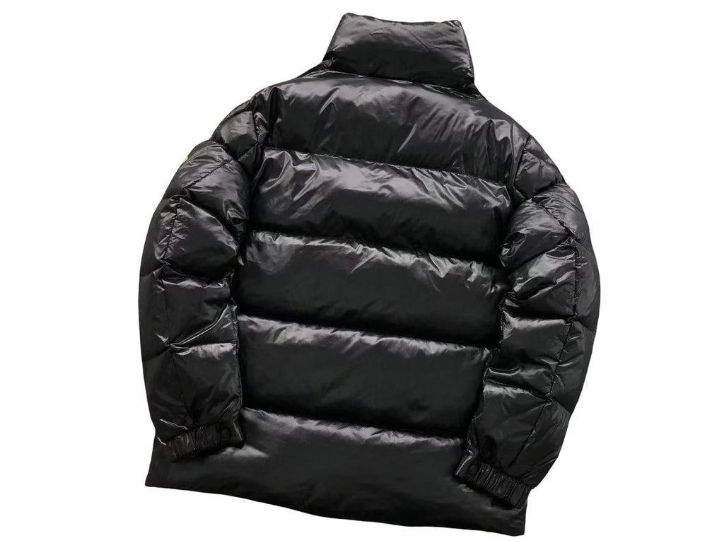 Moncler Black Glossy High-Collar Puffer Jacket with Olive Logo Patch