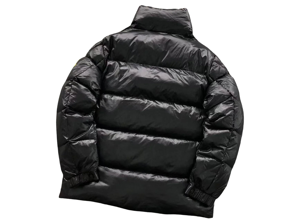Moncler Black Glossy High-Collar Puffer Jacket with Olive Logo Patch