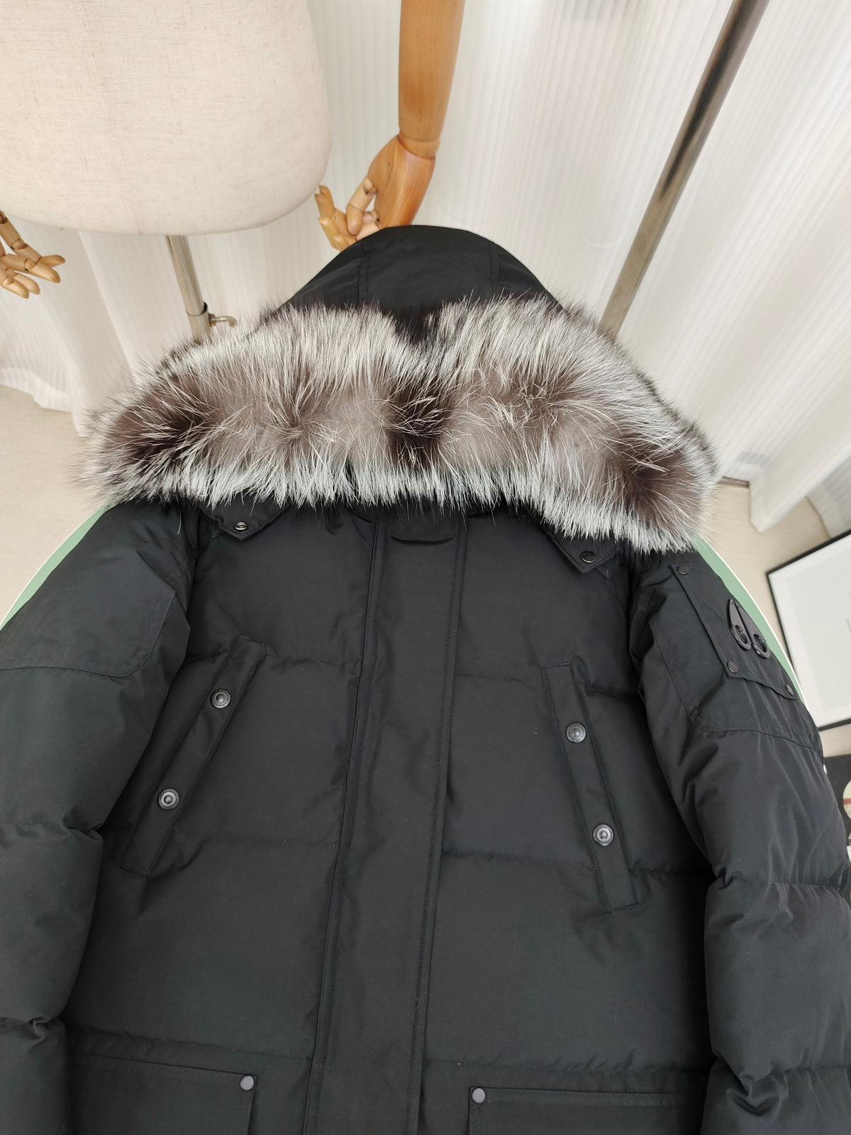Moose Knuckles Charcoal Gray Long Hooded Quilted Parka