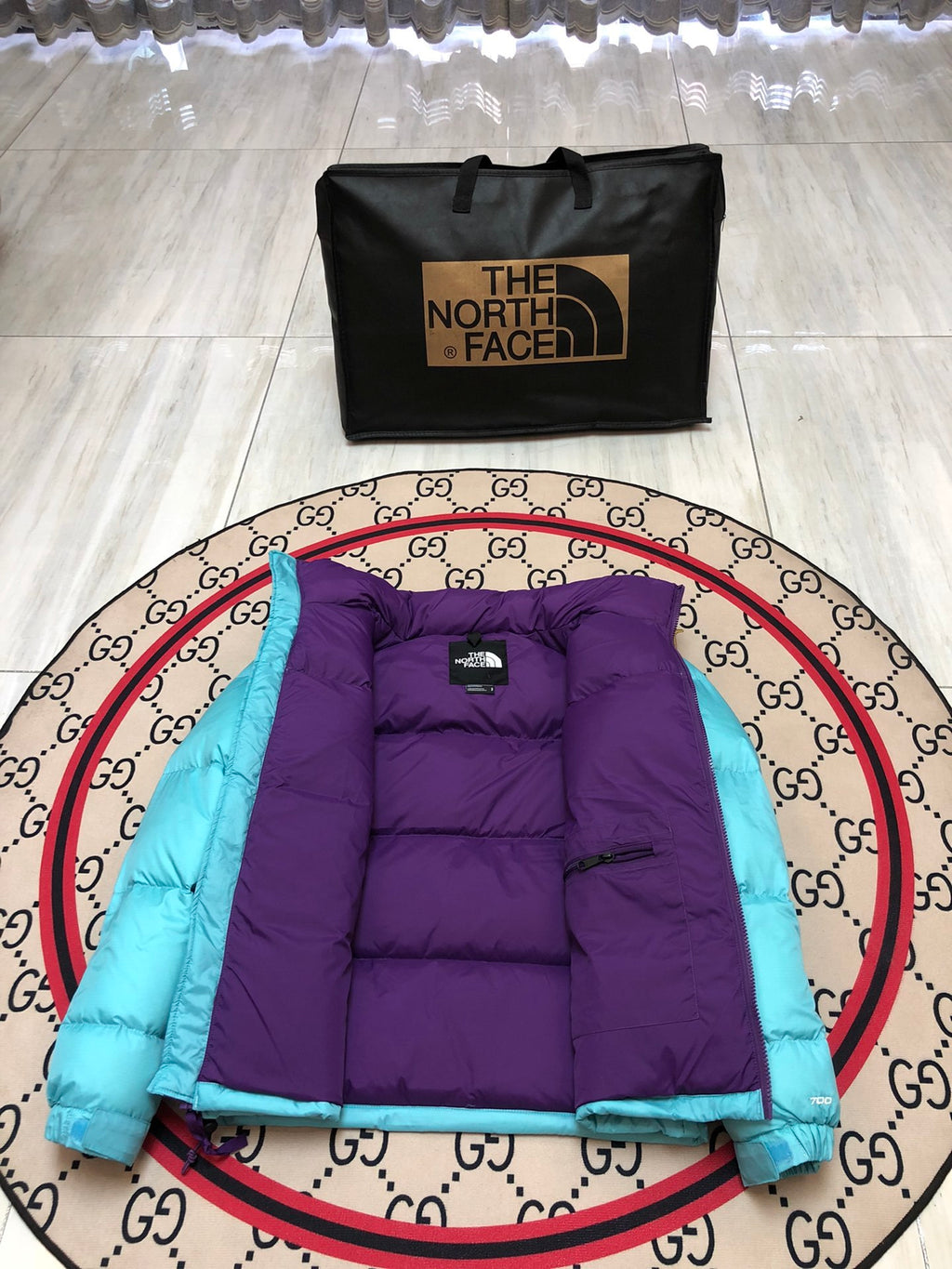 The North Face Turquoise and Purple Colorblock Puffer Jacket