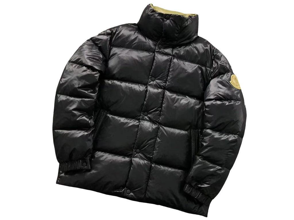 Moncler Black Glossy High-Collar Puffer Jacket with Olive Logo Patch