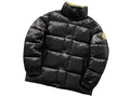 Moncler Black Glossy High-Collar Puffer Jacket with Olive Logo Patch