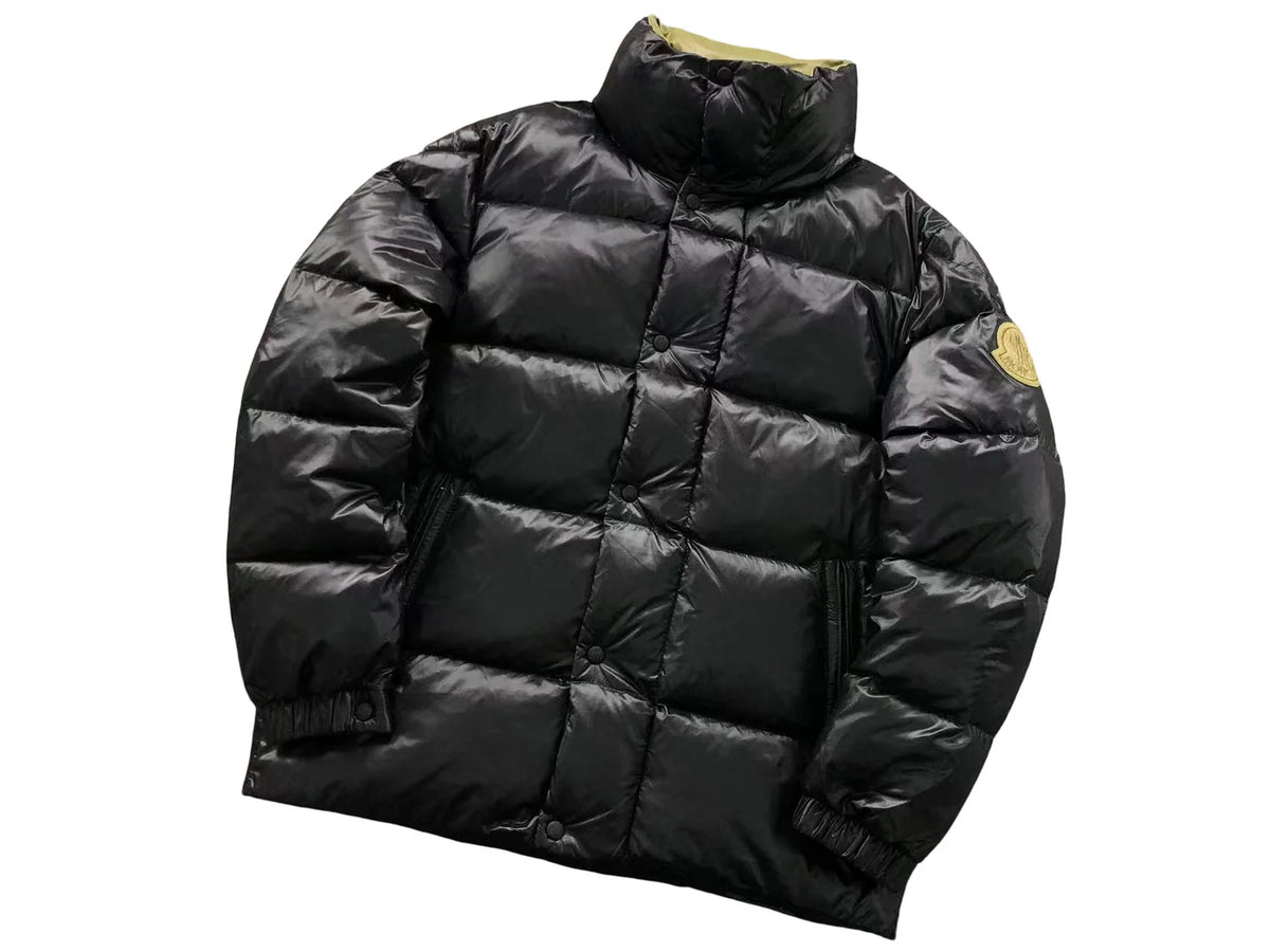 Moncler Black Glossy High-Collar Puffer Jacket with Olive Logo Patch