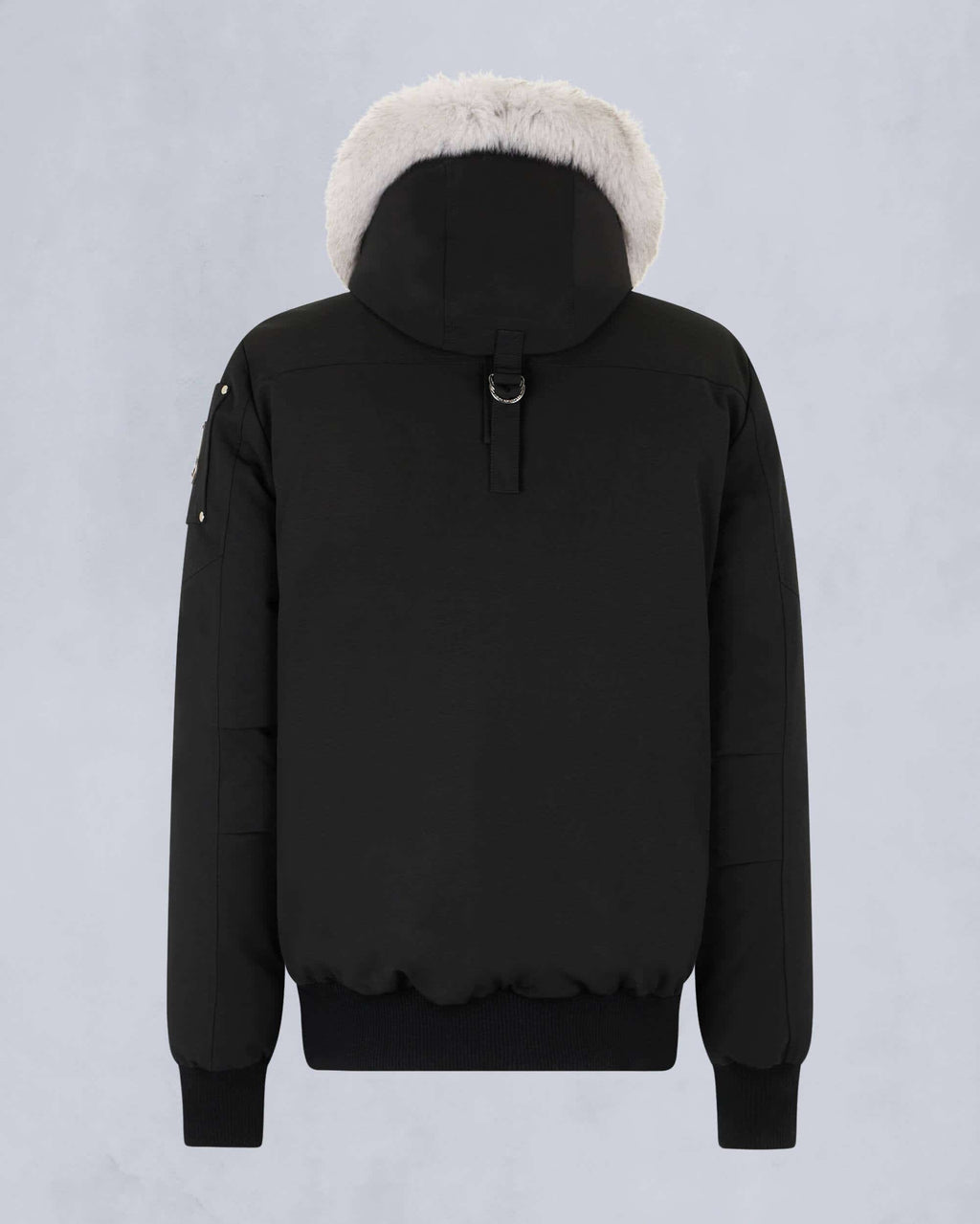 Moose Knuckles Black Hooded Bomber Jacket with White Plush Trim