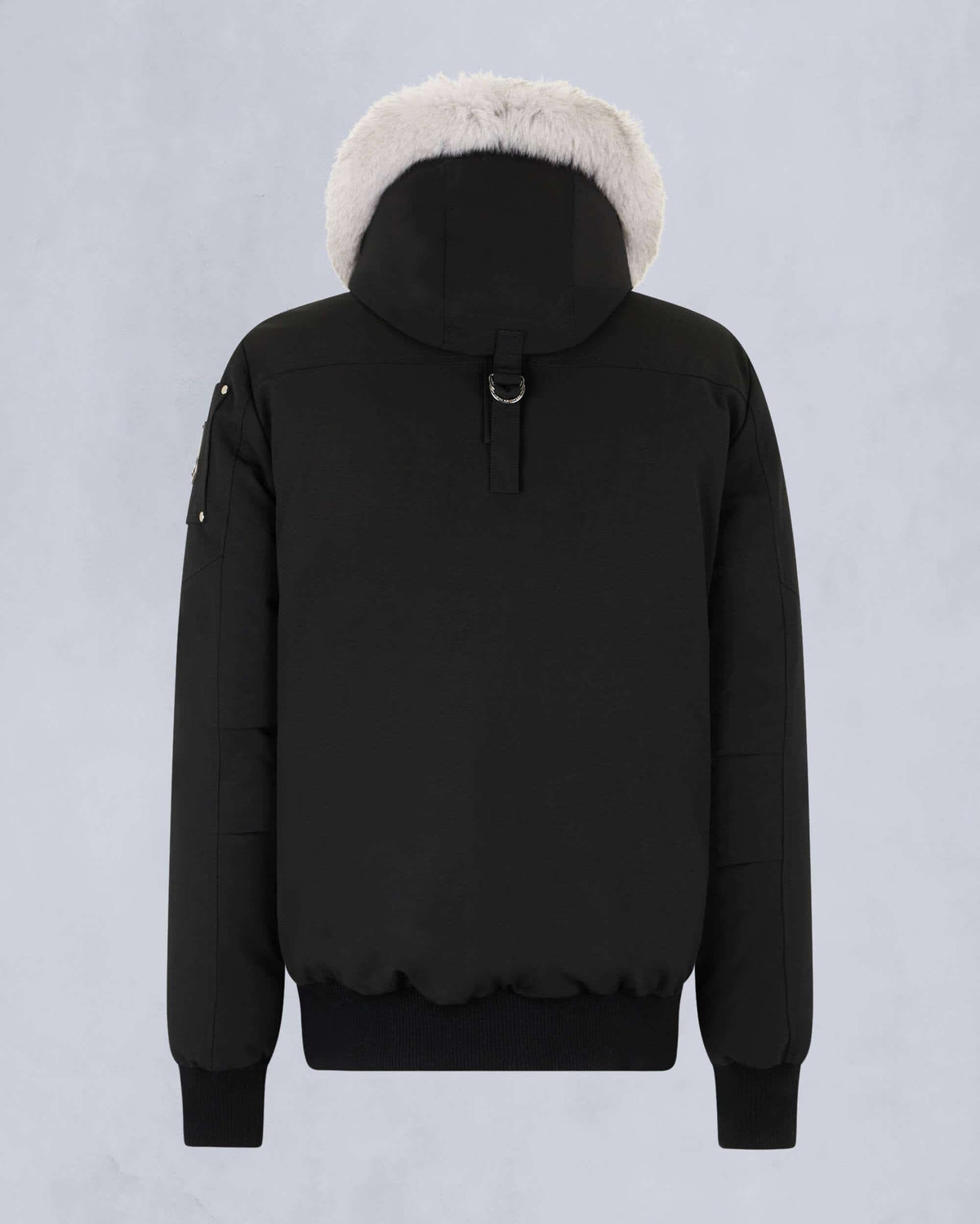 Moose Knuckles Black Hooded Bomber Jacket with White Plush Trim