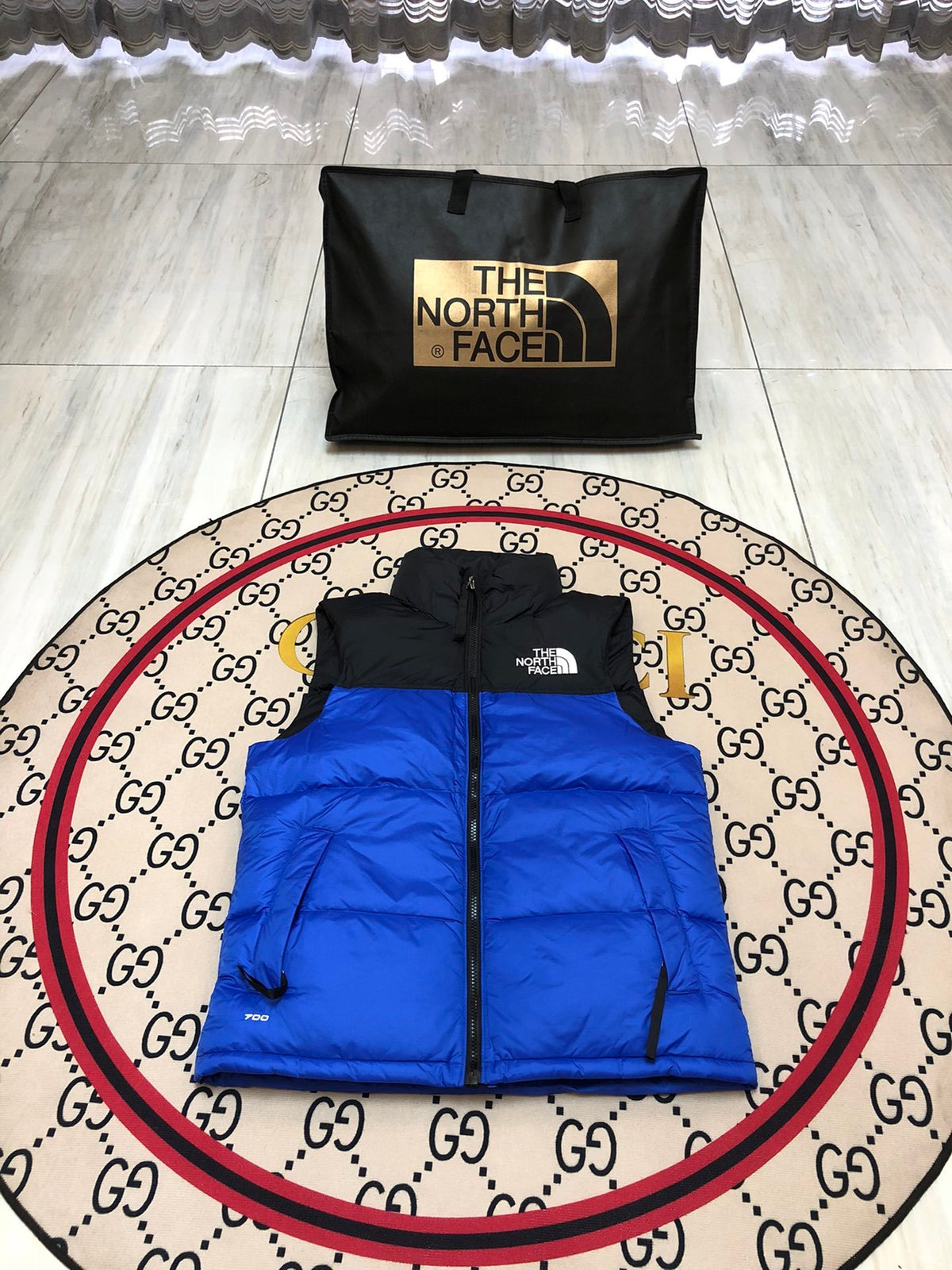 The North Face Royal Blue and Black Color-Block Puffer Vest