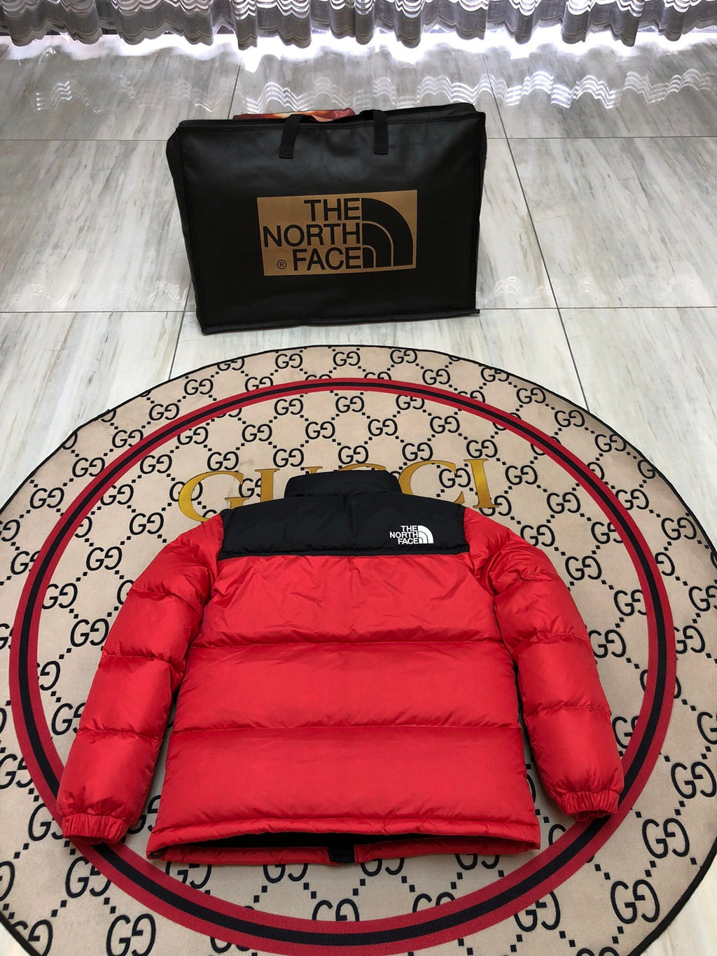 The North Face Red and Black Color-Block Puffer Jacket