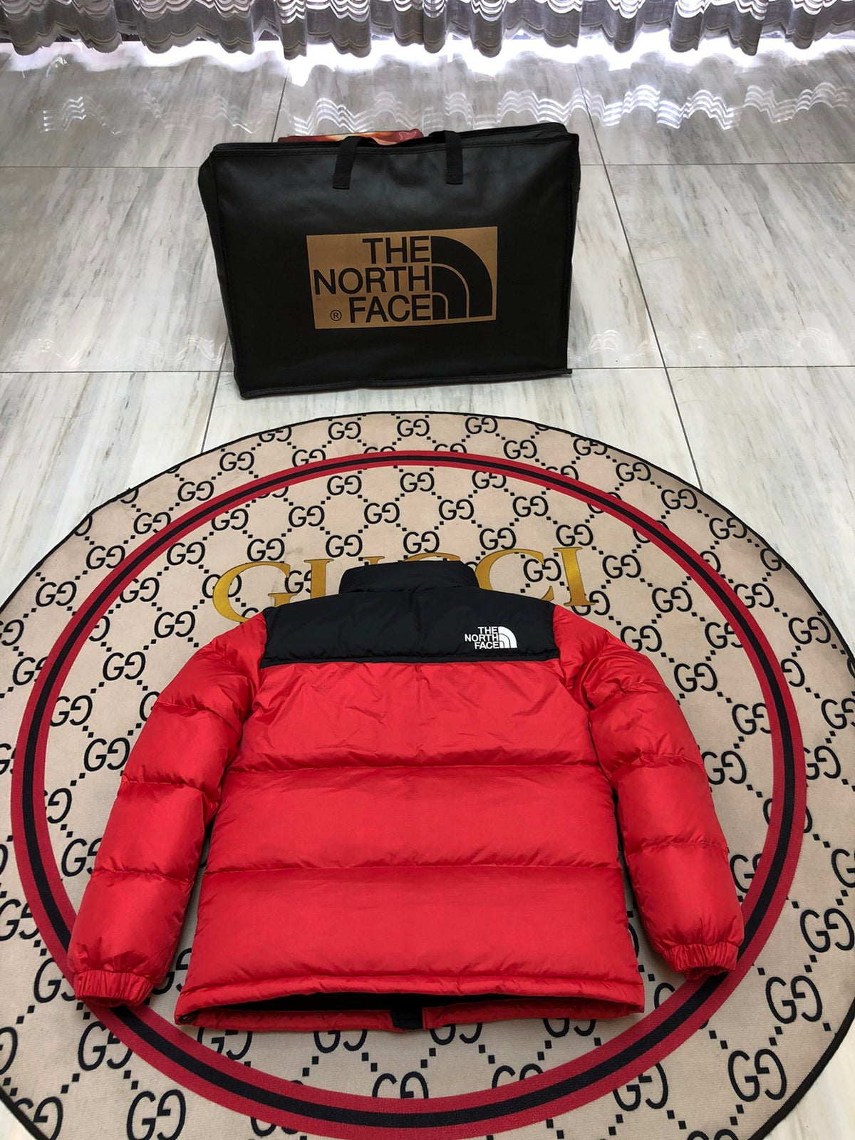 The North Face Red and Black Color-Block Puffer Jacket