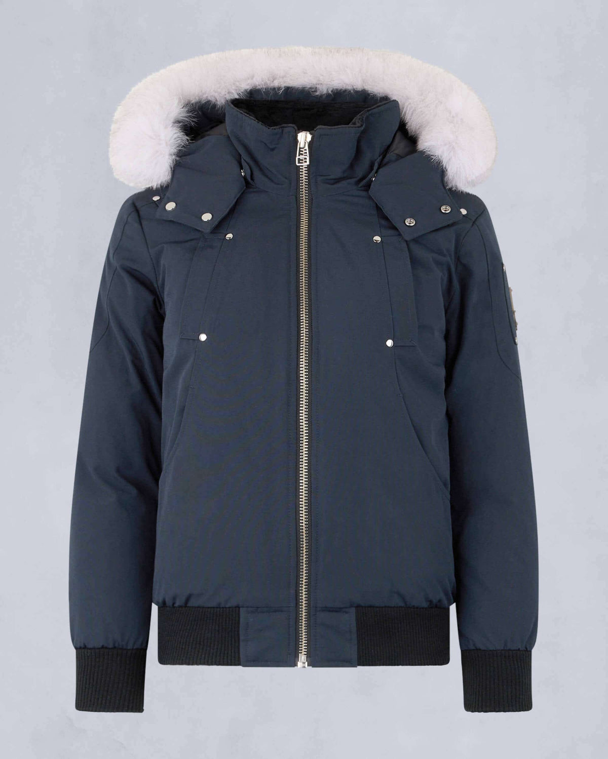 Moose Knuckles Navy Blue Hooded Bomber Jacket