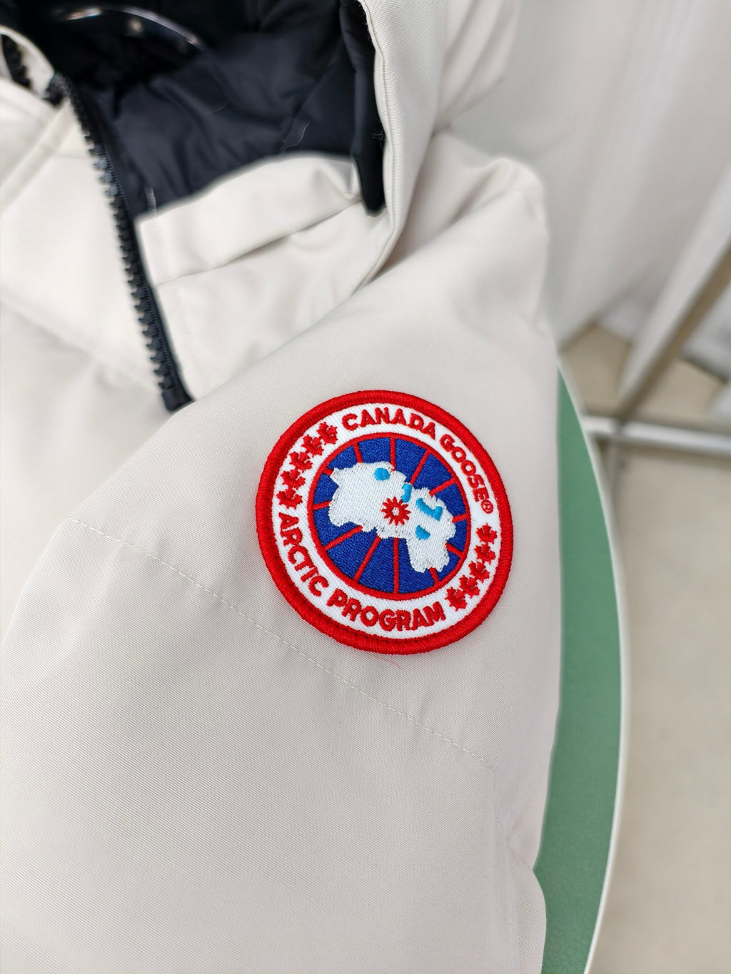 Canada Goose White Hooded Puffer Jacket with Plush Trim